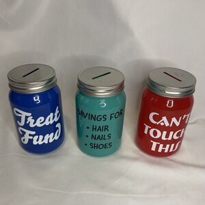 New Piggy Bank Coin Savings Glass Jar Slotted Lid Money Funds Novelty Set Of 3